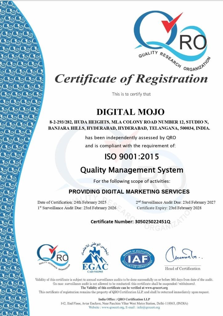 Digital Mojo ISO 9001:2015 Quality Management System Certificate from QRO for Digital Marketing Services