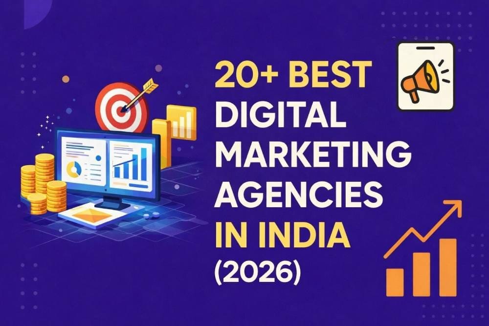 Top 20+ digital marketing agencies in India 2026 with target, analytics, growth charts and megaphone icons on purple background